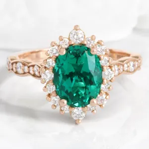 Large Oval Emerald Engagement Ring in Tiara Halo Diamond Scalloped Band