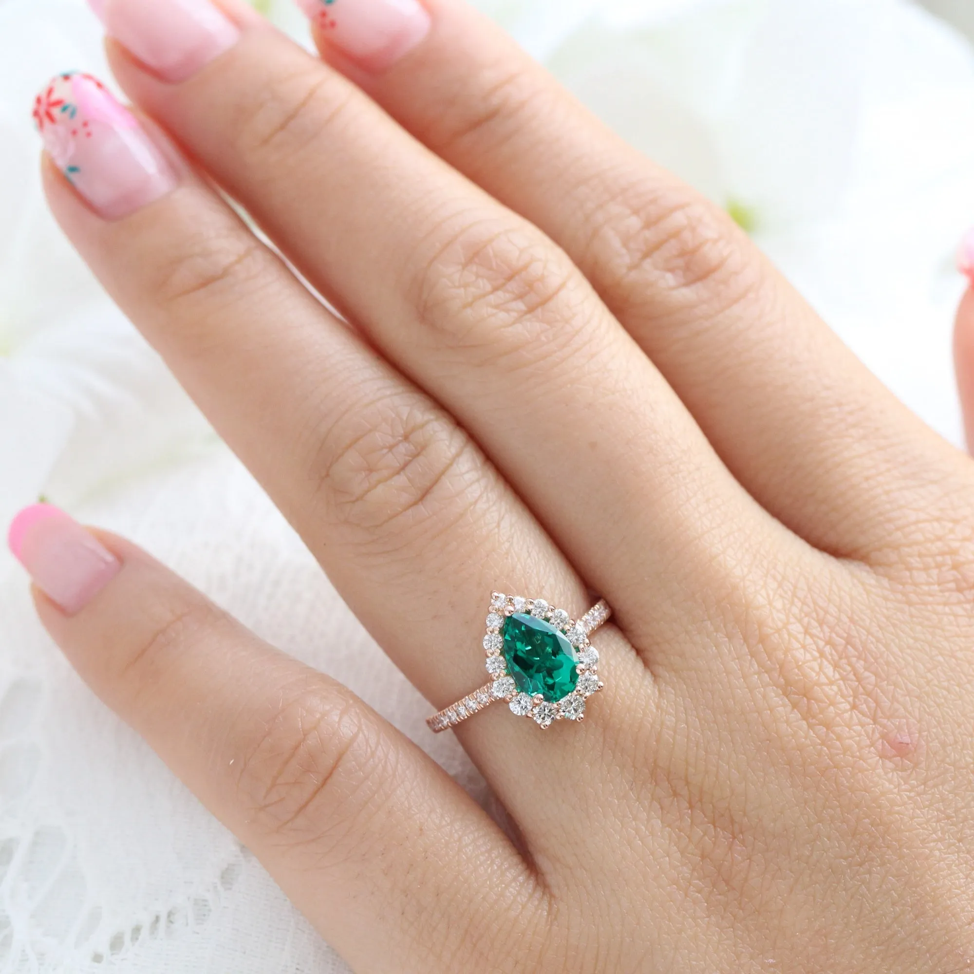 Large Pear Emerald Engagement Ring in Tiara Halo Diamond Pave Band