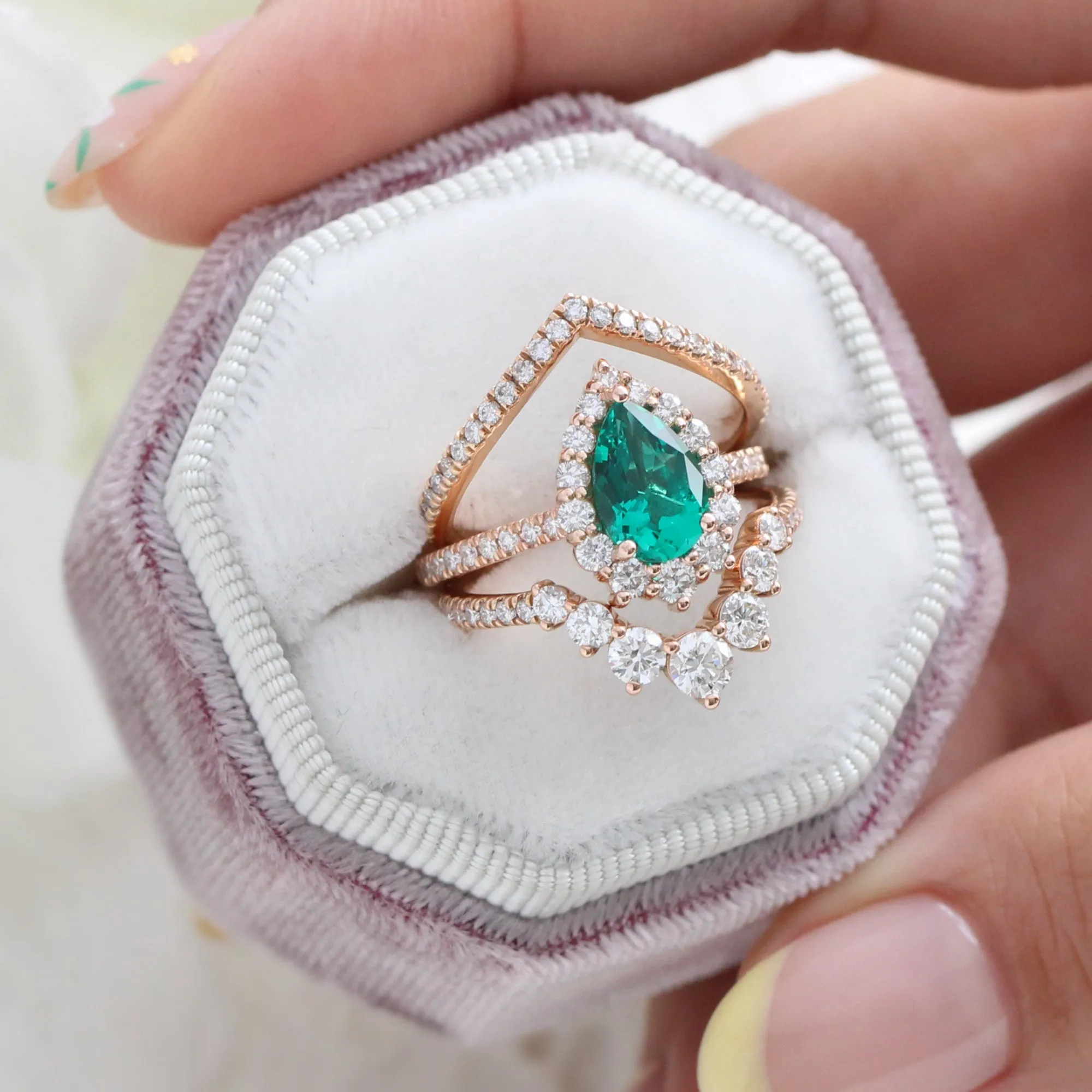 Large Pear Emerald Engagement Ring in Tiara Halo Diamond Pave Band