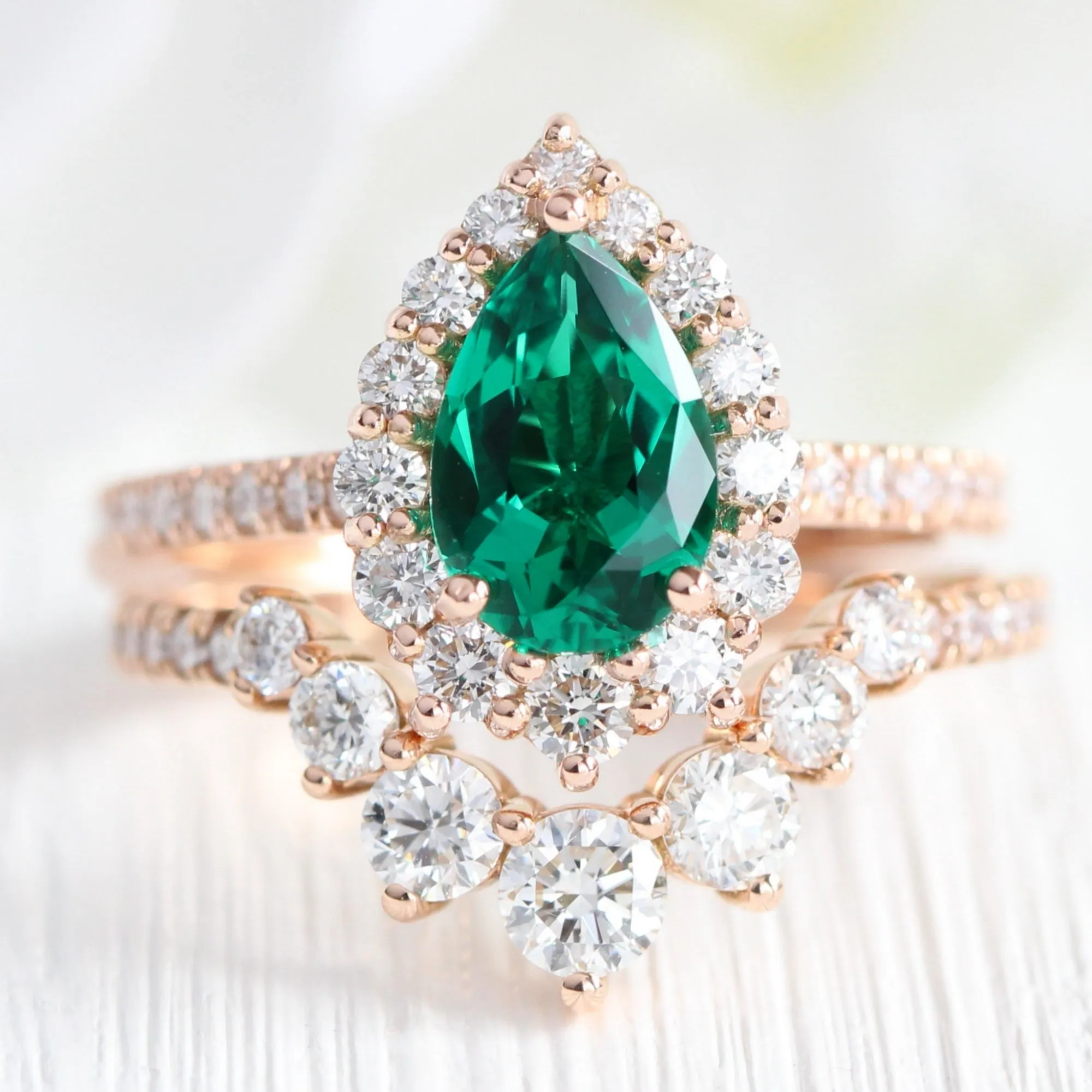 Large Pear Emerald Engagement Ring in Tiara Halo Diamond Pave Band