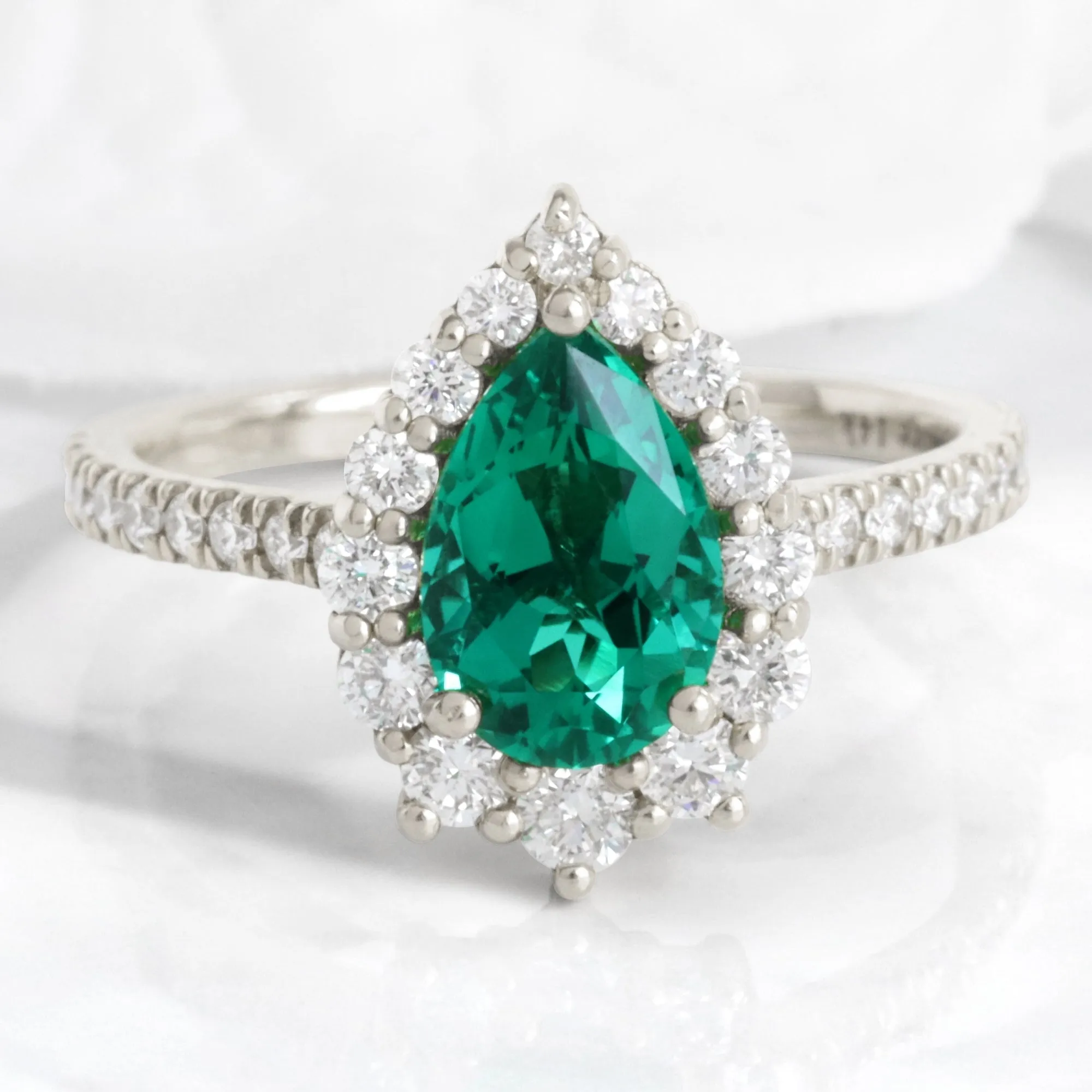 Large Pear Emerald Engagement Ring in Tiara Halo Diamond Pave Band