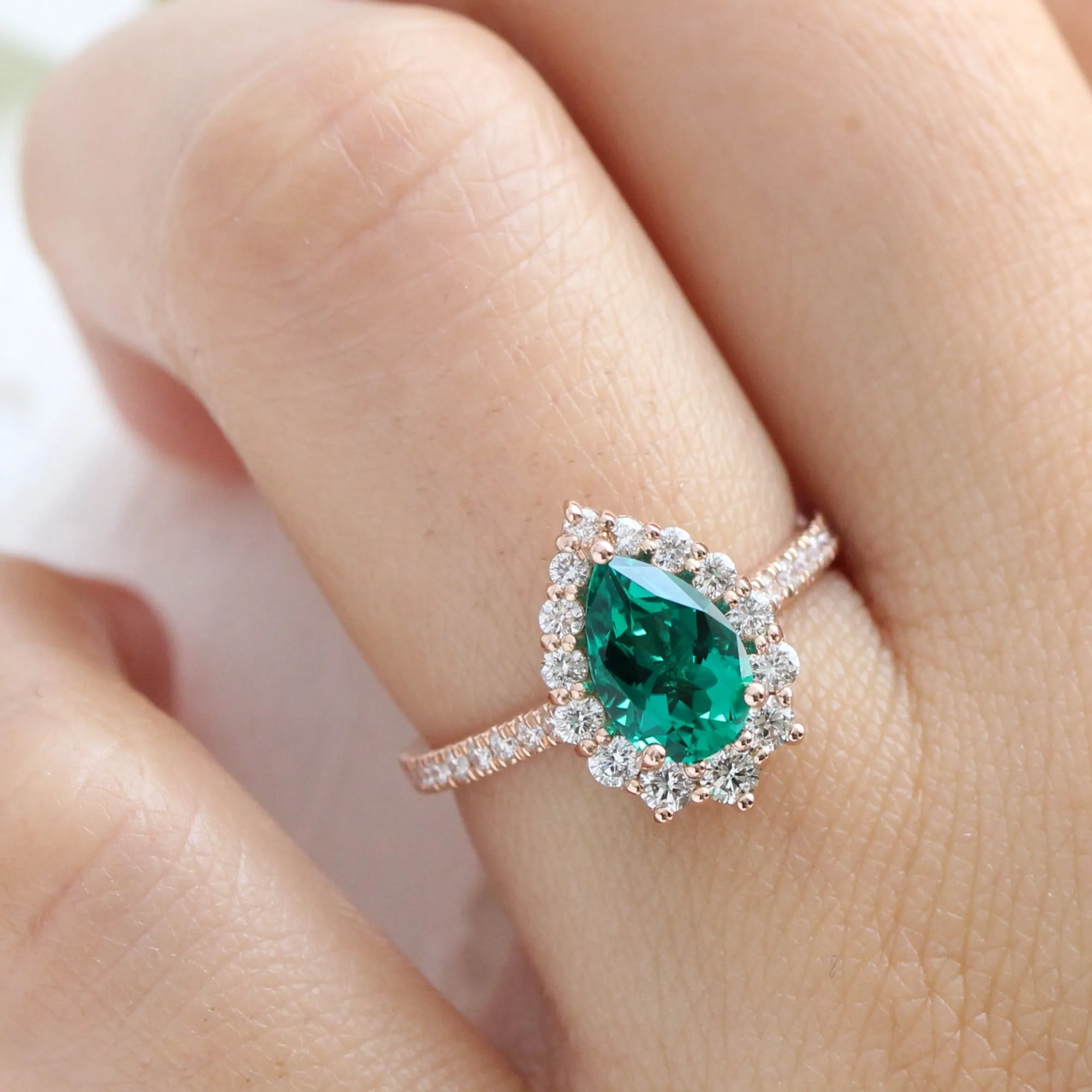 Large Pear Emerald Engagement Ring in Tiara Halo Diamond Pave Band