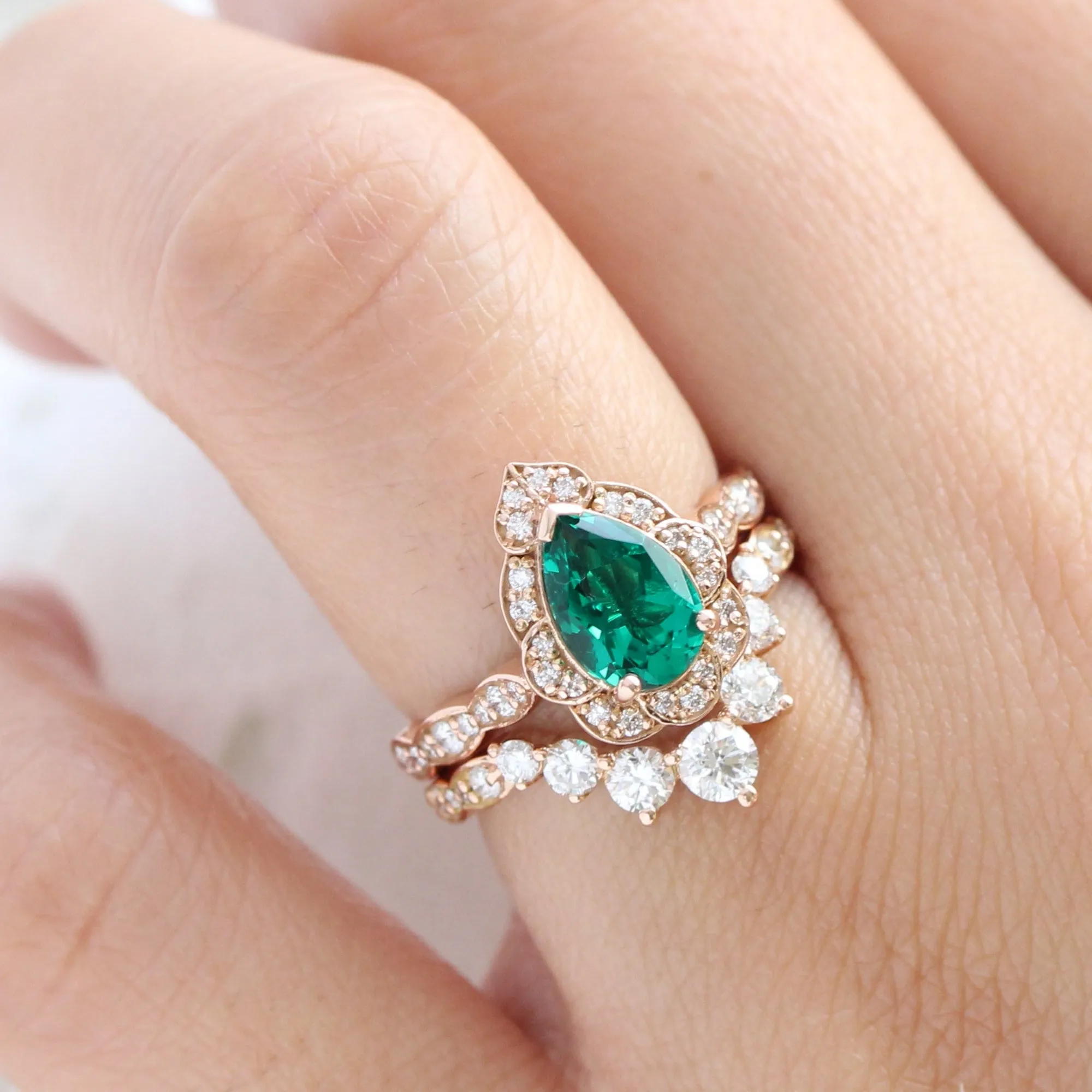 Large Vintage Floral Pear Ring Set w/ Emerald and Large 7 Diamond U Scalloped Band