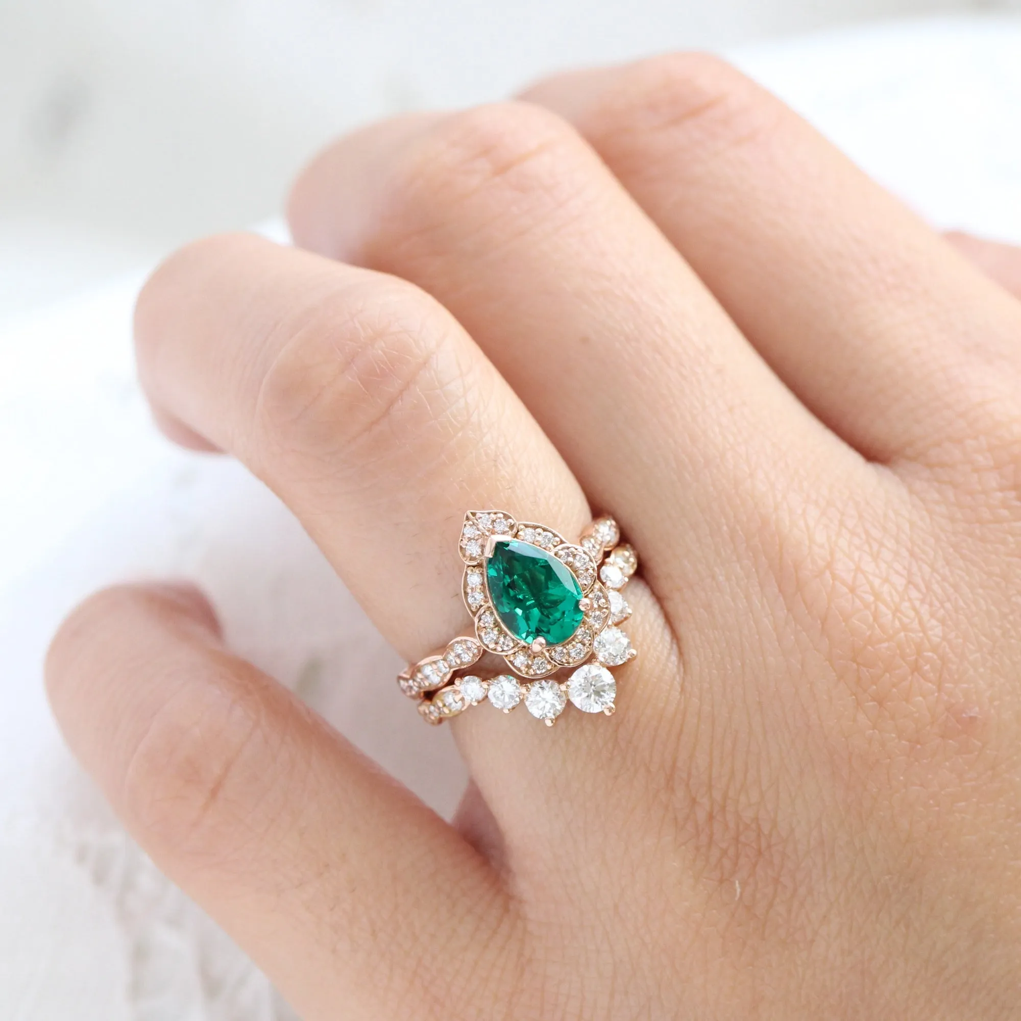 Large Vintage Floral Pear Ring Set w/ Emerald and Large 7 Diamond U Scalloped Band