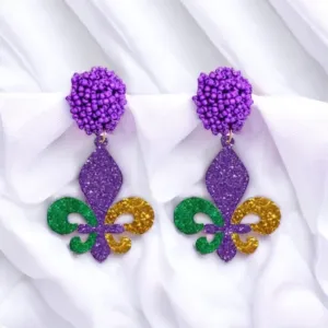 Mardi Gras Earrings - New Orleans Jewelry, Mardi Gras Jewelry, Fleur de lis Earrings, Purple Green Gold, Glitter Earrings, Beaded Earrings