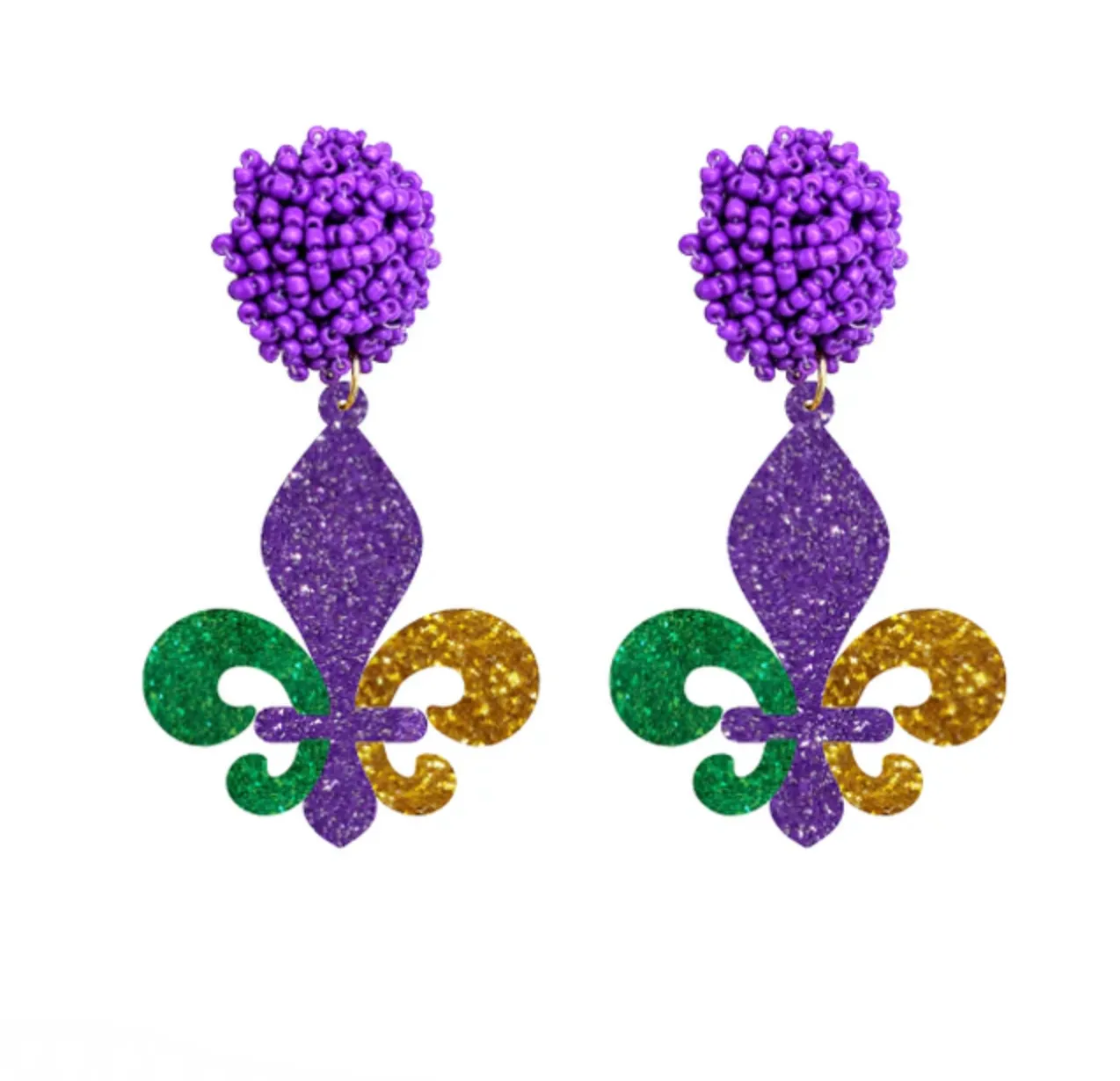 Mardi Gras Earrings - New Orleans Jewelry, Mardi Gras Jewelry, Fleur de lis Earrings, Purple Green Gold, Glitter Earrings, Beaded Earrings