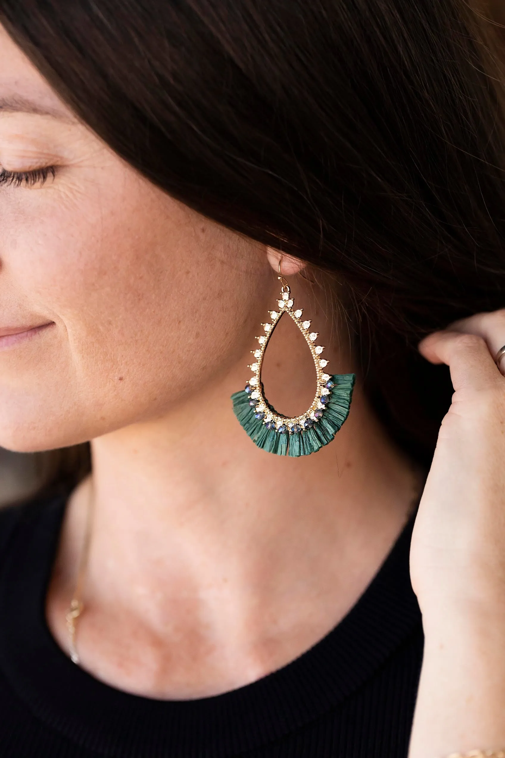 Marla Gold and Raffia Hoops | Teardrop Design With Crystal Details | Brushed Brass Autumn Earrings