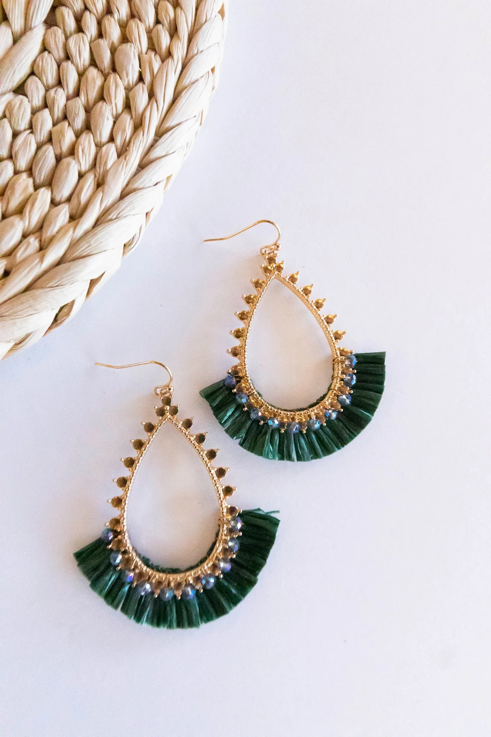 Marla Gold and Raffia Hoops | Teardrop Design With Crystal Details | Brushed Brass Autumn Earrings