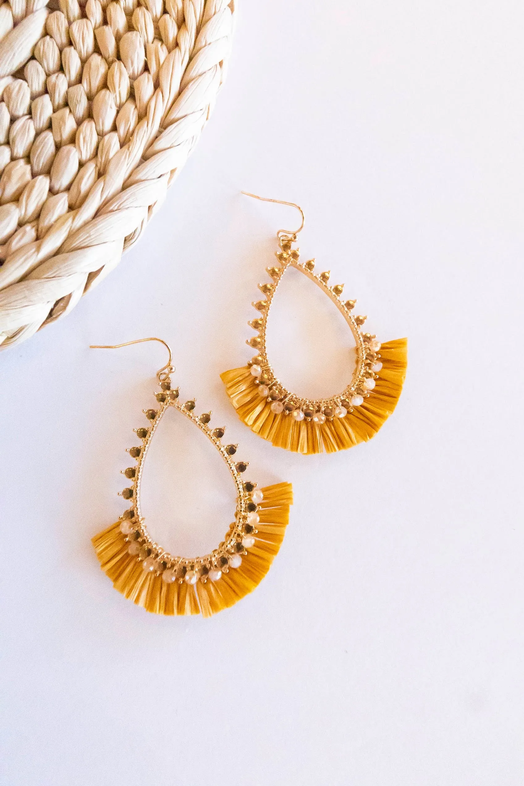 Marla Gold and Raffia Hoops | Teardrop Design With Crystal Details | Brushed Brass Autumn Earrings