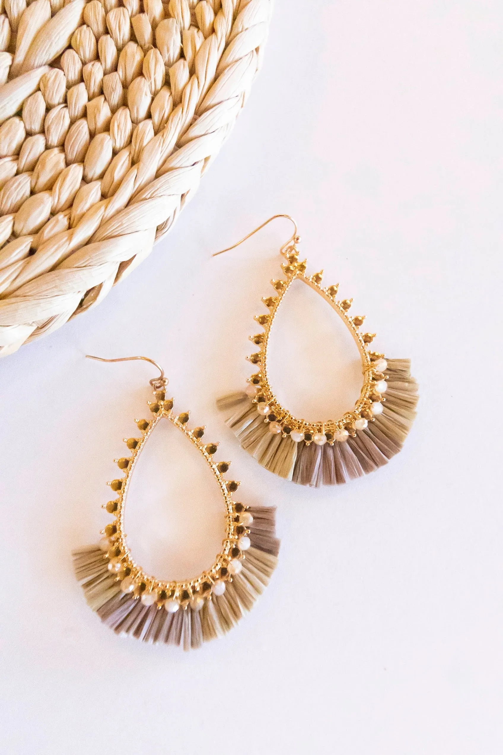 Marla Gold and Raffia Hoops | Teardrop Design With Crystal Details | Brushed Brass Autumn Earrings