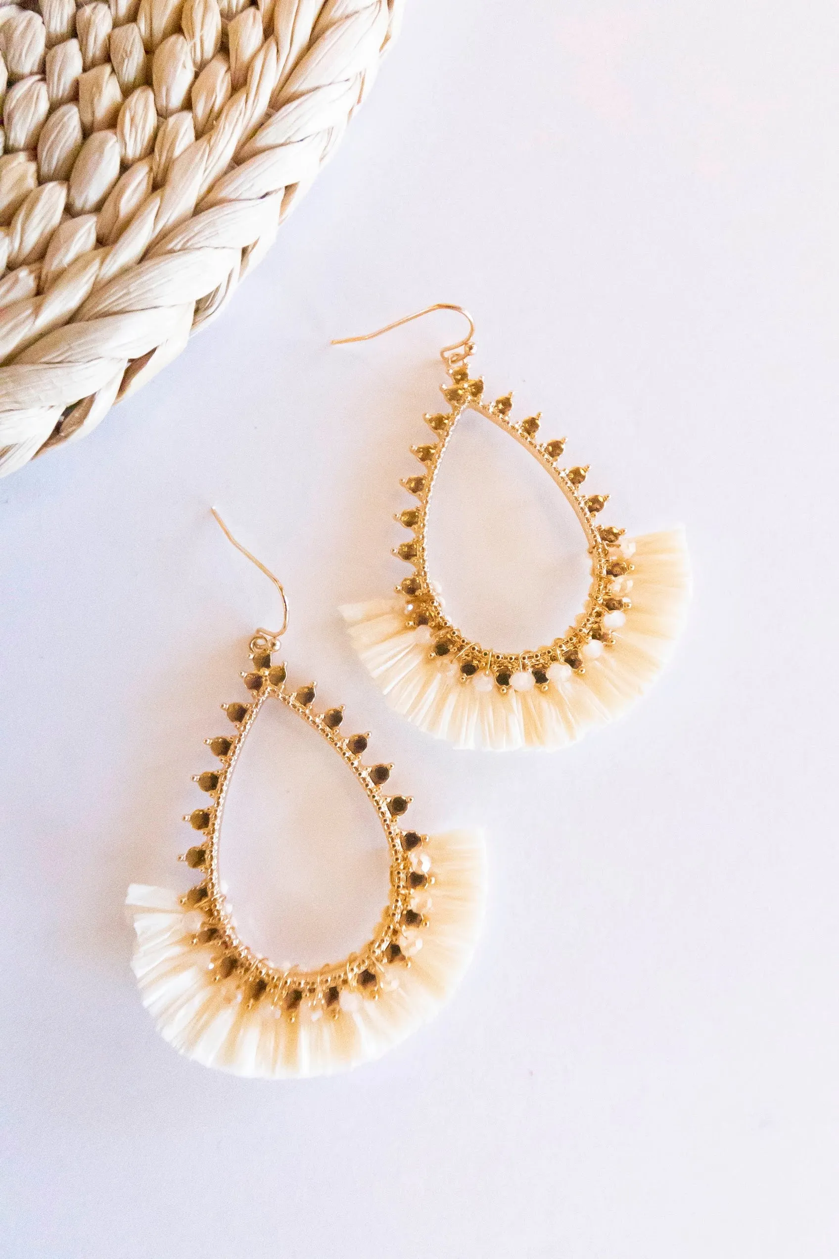 Marla Gold and Raffia Hoops | Teardrop Design With Crystal Details | Brushed Brass Autumn Earrings