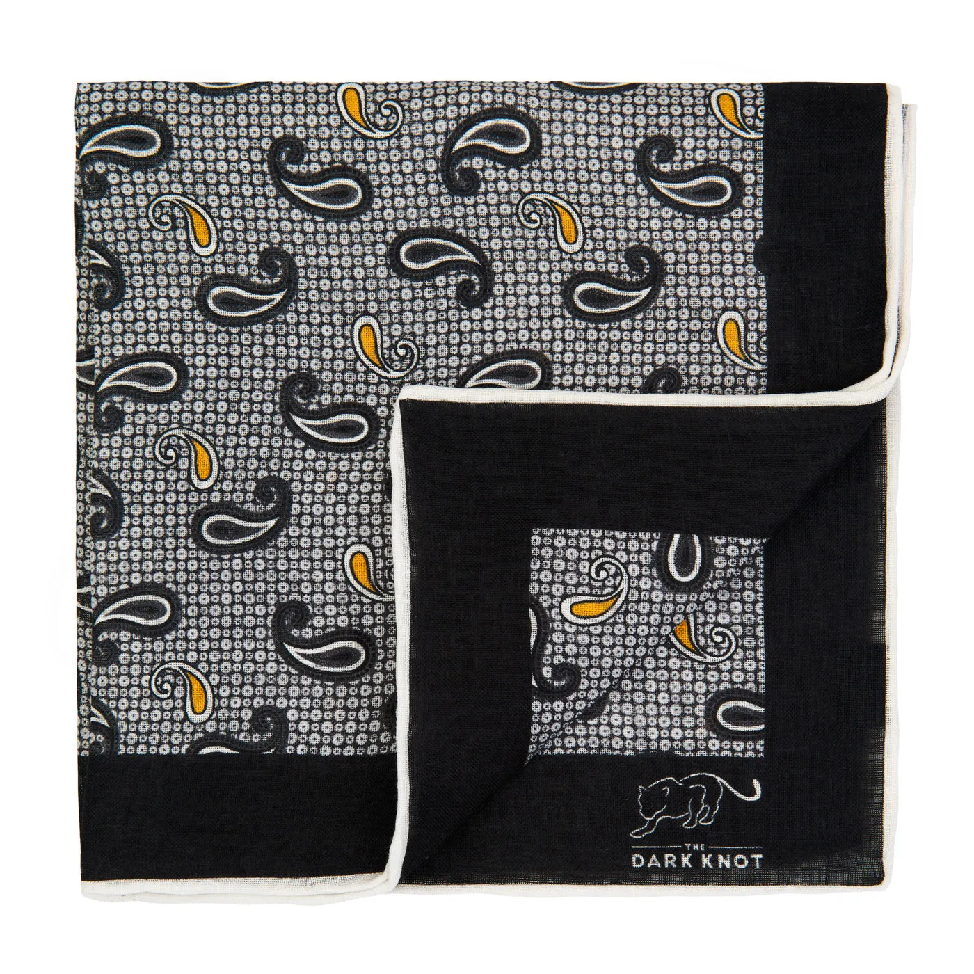 Medway Paisley Linen Pocket Square, Light Grey / Grey / Orange