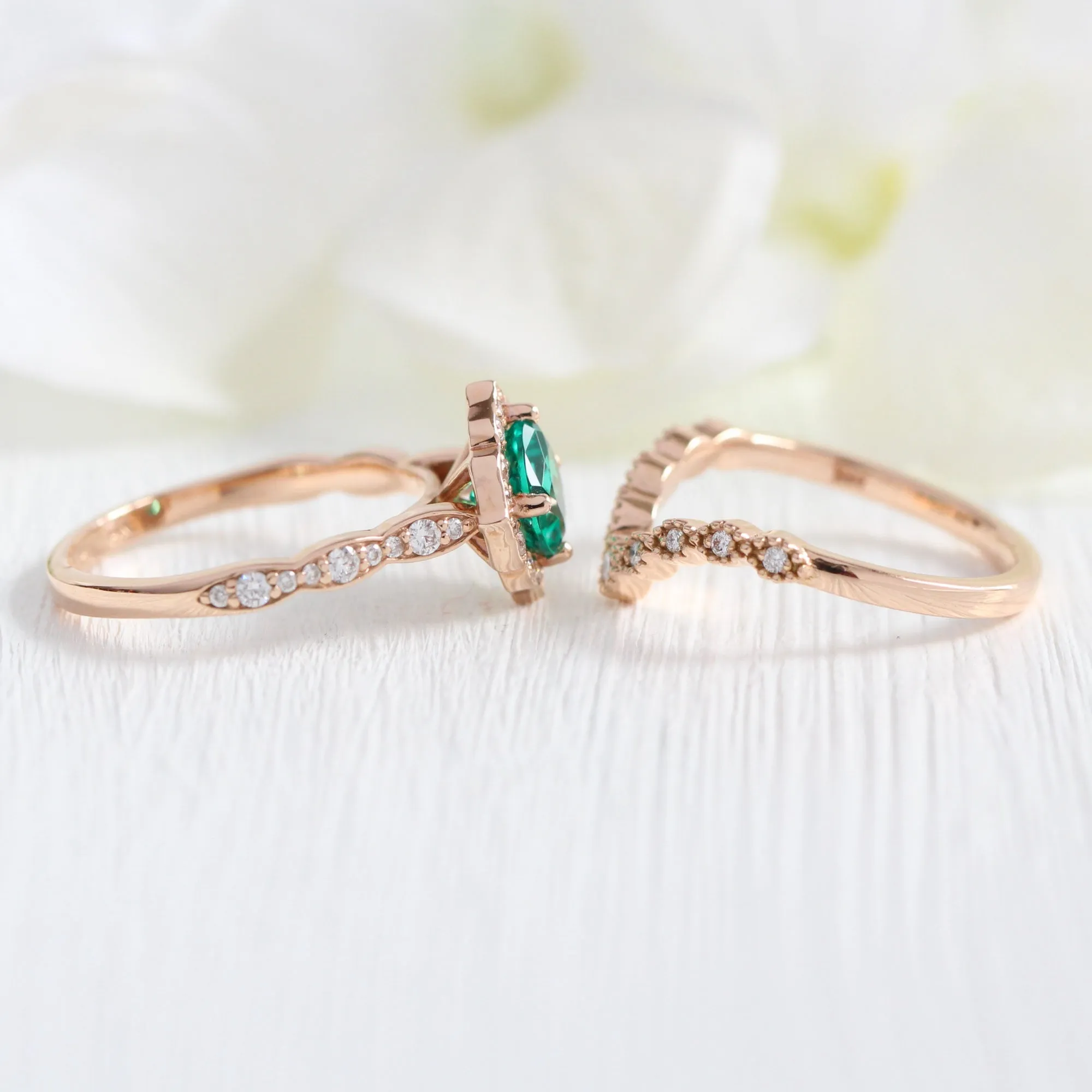 Mini Vintage Floral Ring Bridal Set w/ Cushion Emerald and Curved Diamond Band