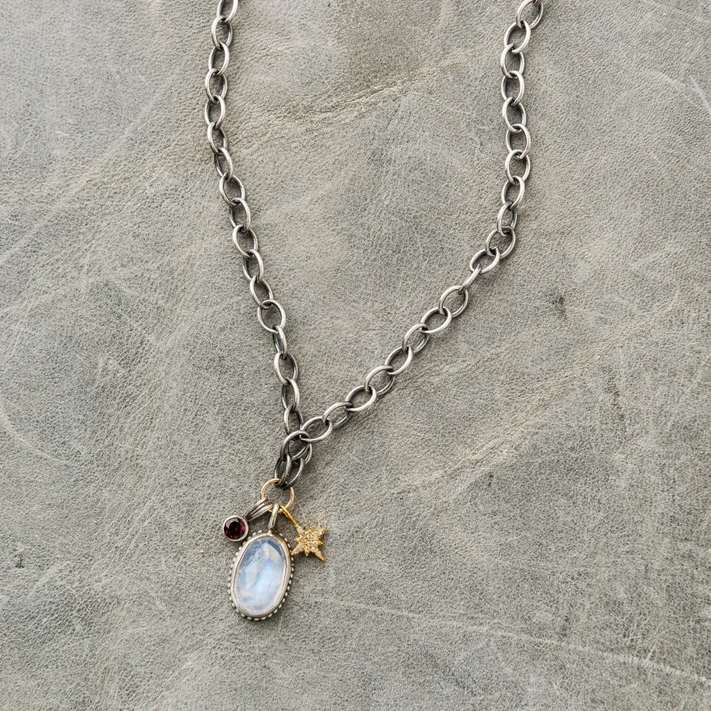 Moonstone Necklace with Red Garnet and Diamond Star