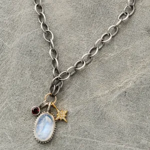 Moonstone Necklace with Red Garnet and Diamond Star