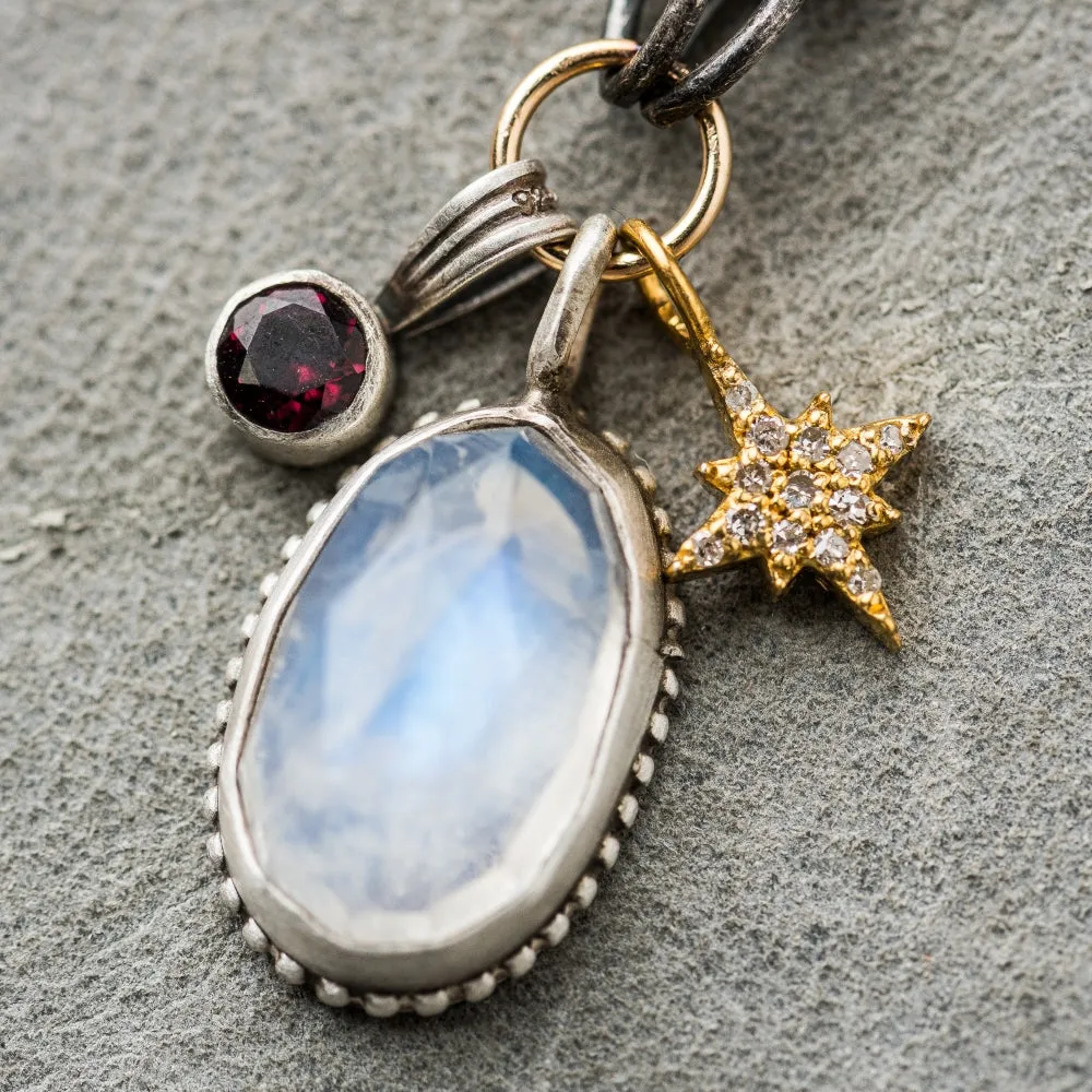 Moonstone Necklace with Red Garnet and Diamond Star