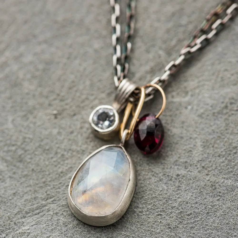 Moonstone Necklace with White Topaz and Red Garnet on Double Chain