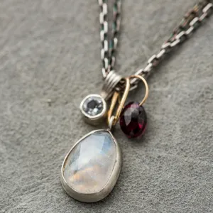 Moonstone Necklace with White Topaz and Red Garnet on Double Chain