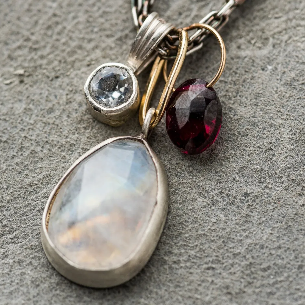 Moonstone Necklace with White Topaz and Red Garnet on Double Chain