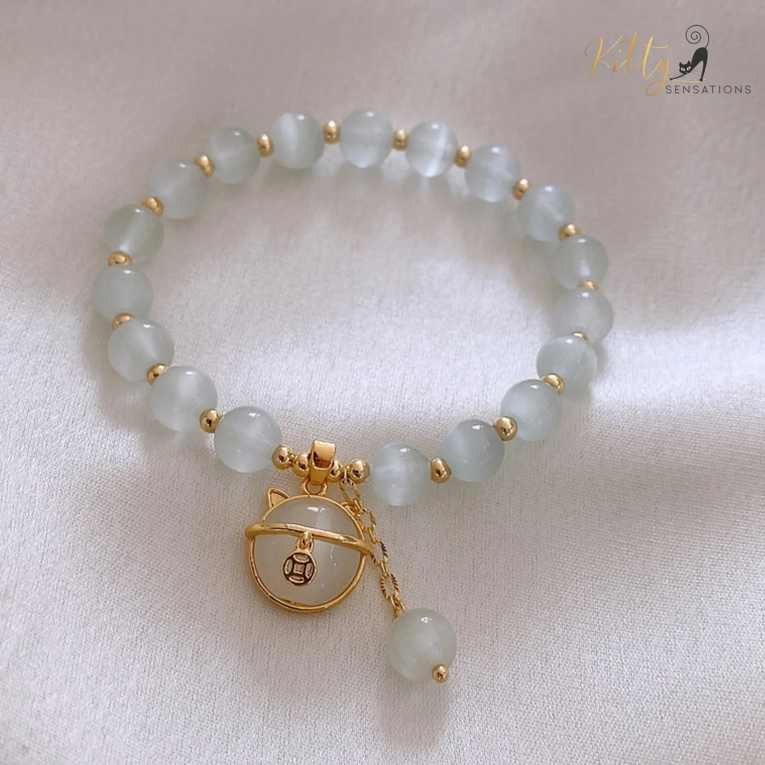 Natural Opal with Golden Beads and Kitty Face Charm Bracelet