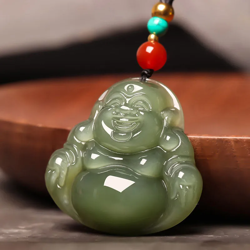 Natural Xinjiang Hetian Jade Green Jade Maitreya Buddha Jade Pendant Necklace