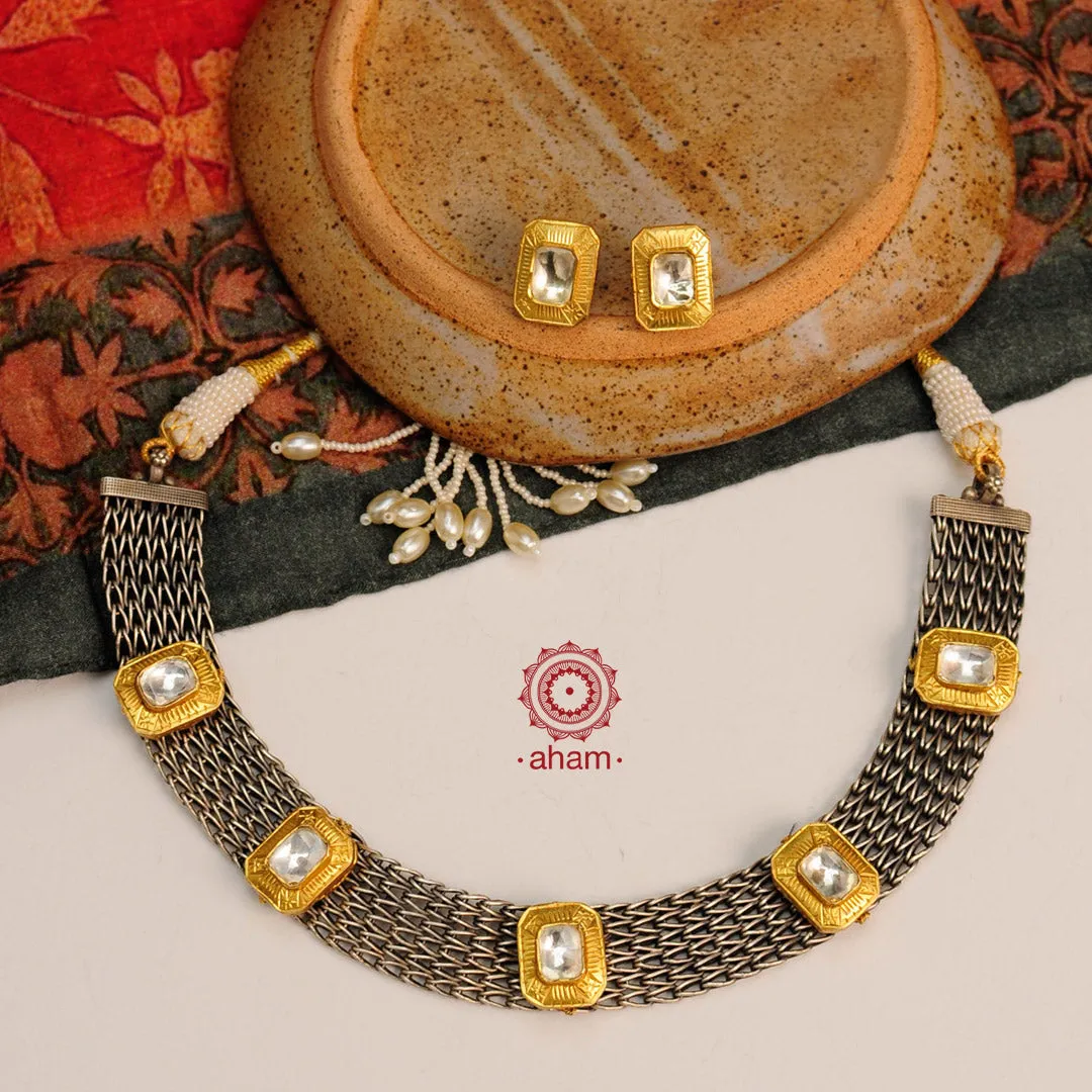 Noori Two Tone Silver Short Neckpiece & Earrings Set