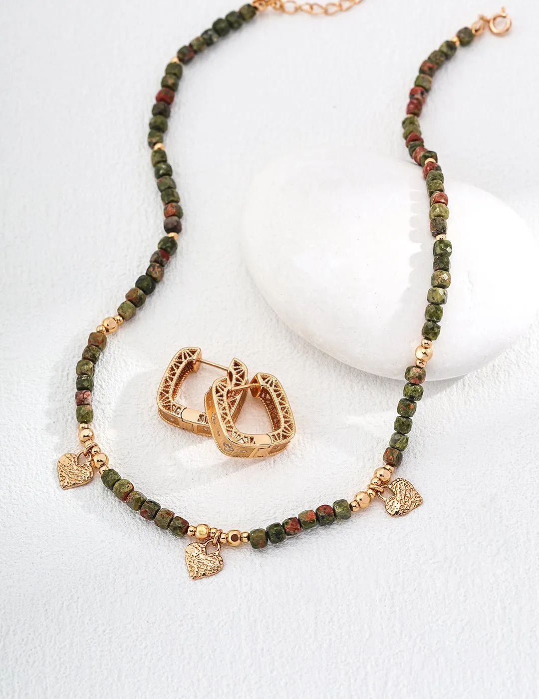 Olive Green Gemstone Beaded Small Leaf Pendant Necklace