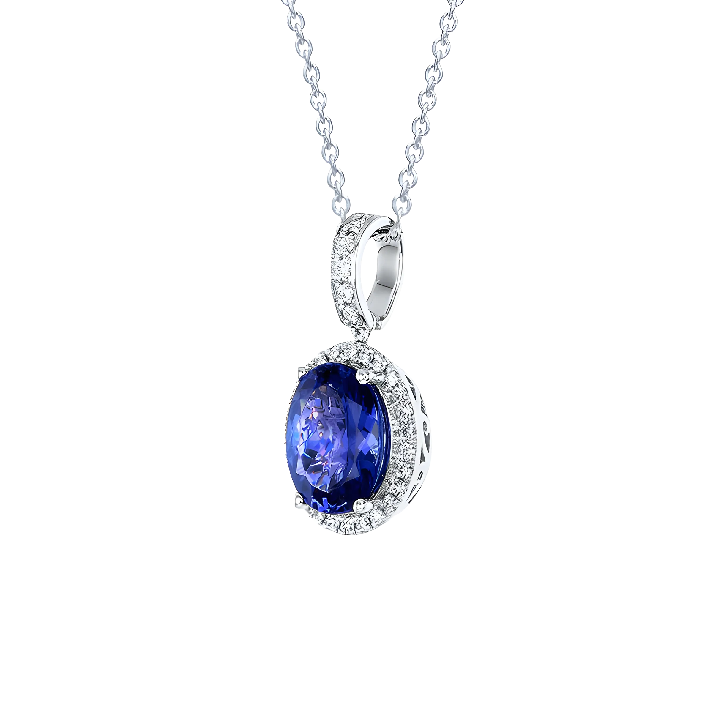 Oval Tanzanite and Diamond Halo Pendant Necklace in 18k White Gold