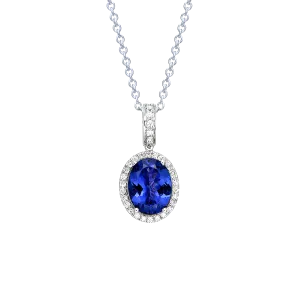 Oval Tanzanite and Diamond Halo Pendant Necklace in 18k White Gold