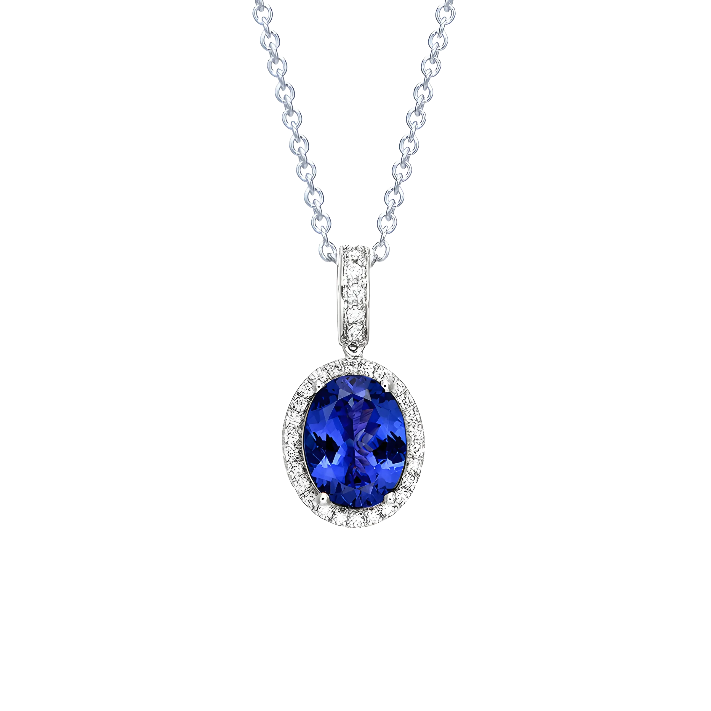 Oval Tanzanite and Diamond Halo Pendant Necklace in 18k White Gold