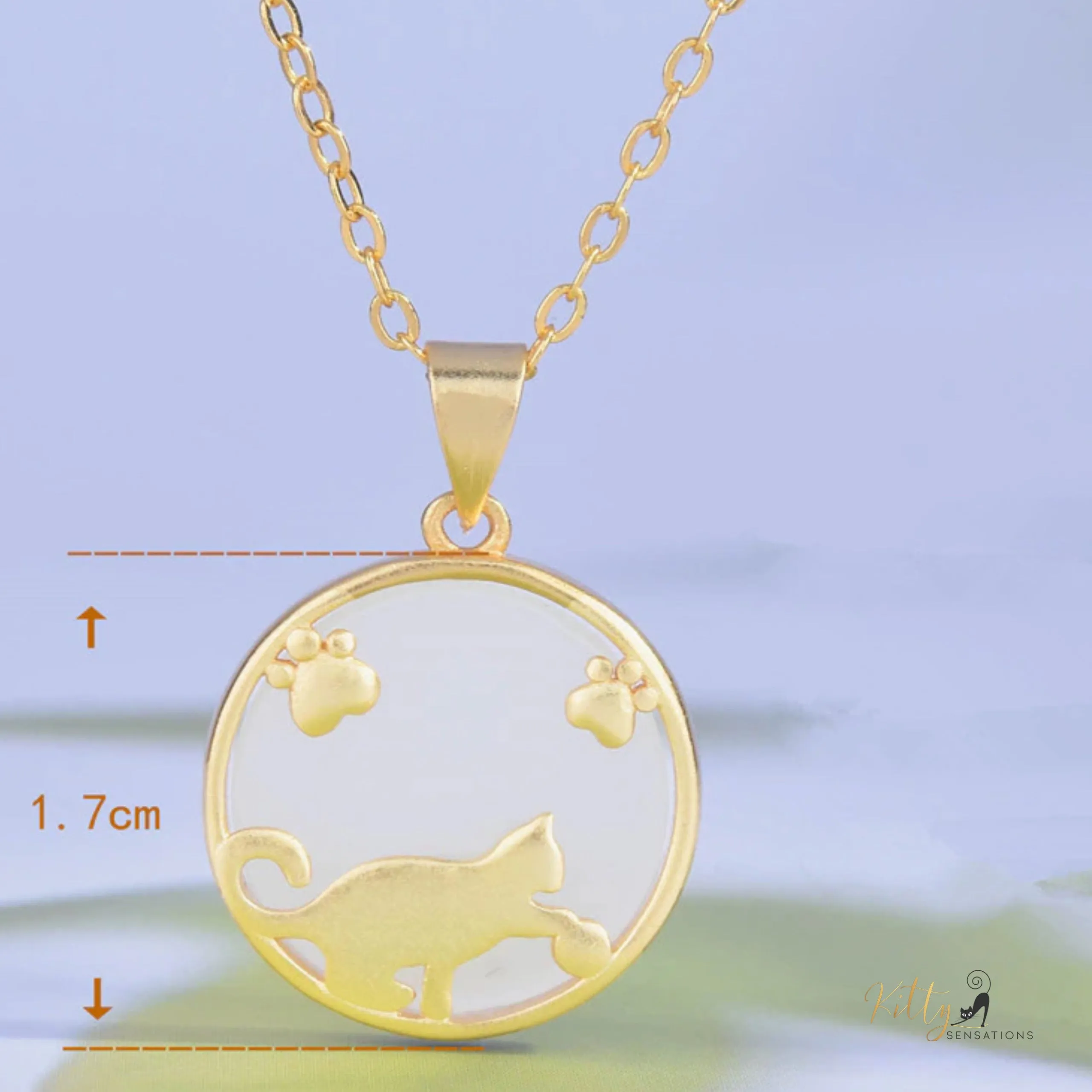 Playful Cat Natural Jade Necklace in Solid 925 Sterling Silver (Gold Plated)