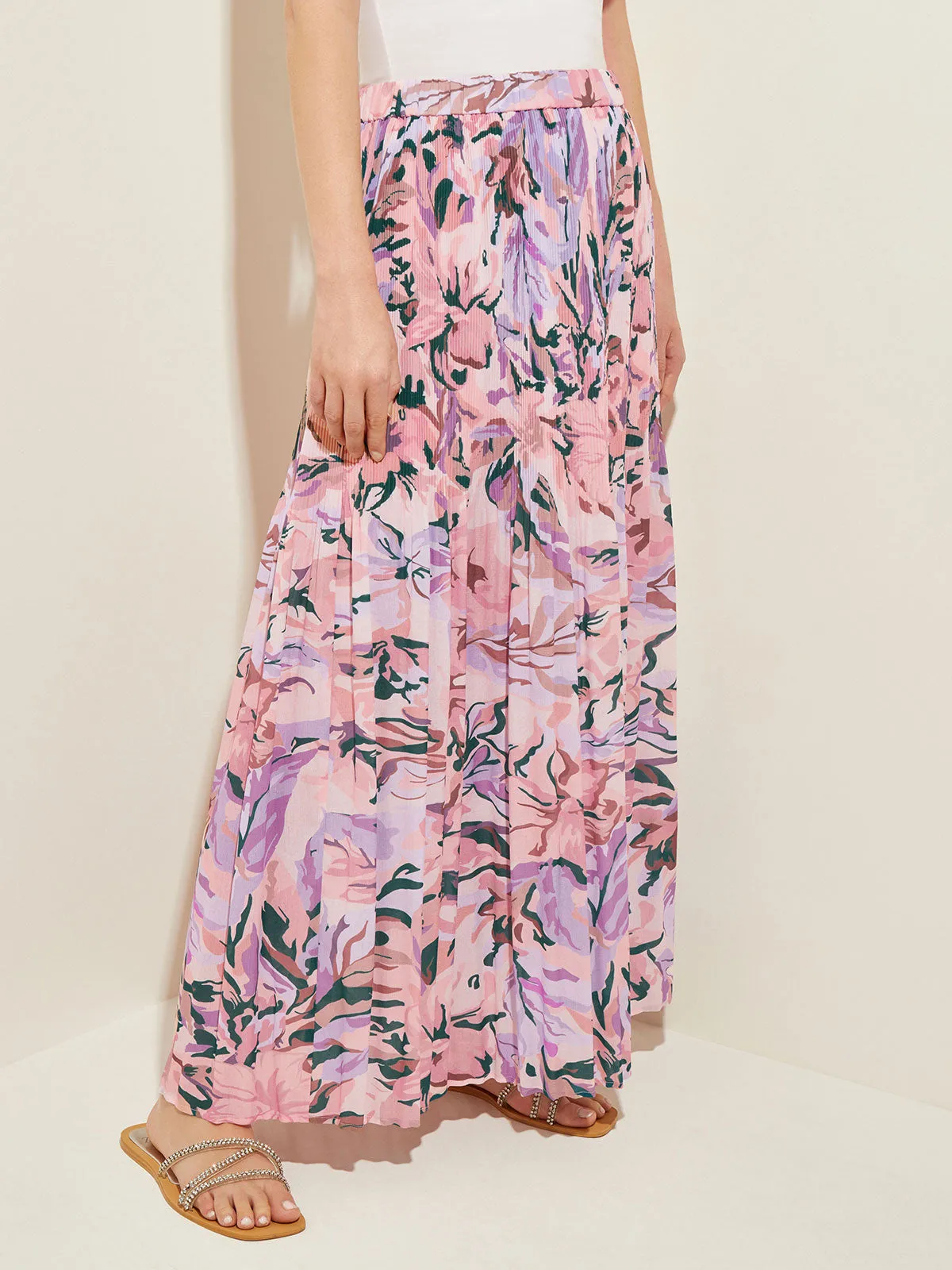 Pleated A-line Stretch Crepe Maxi Skirt