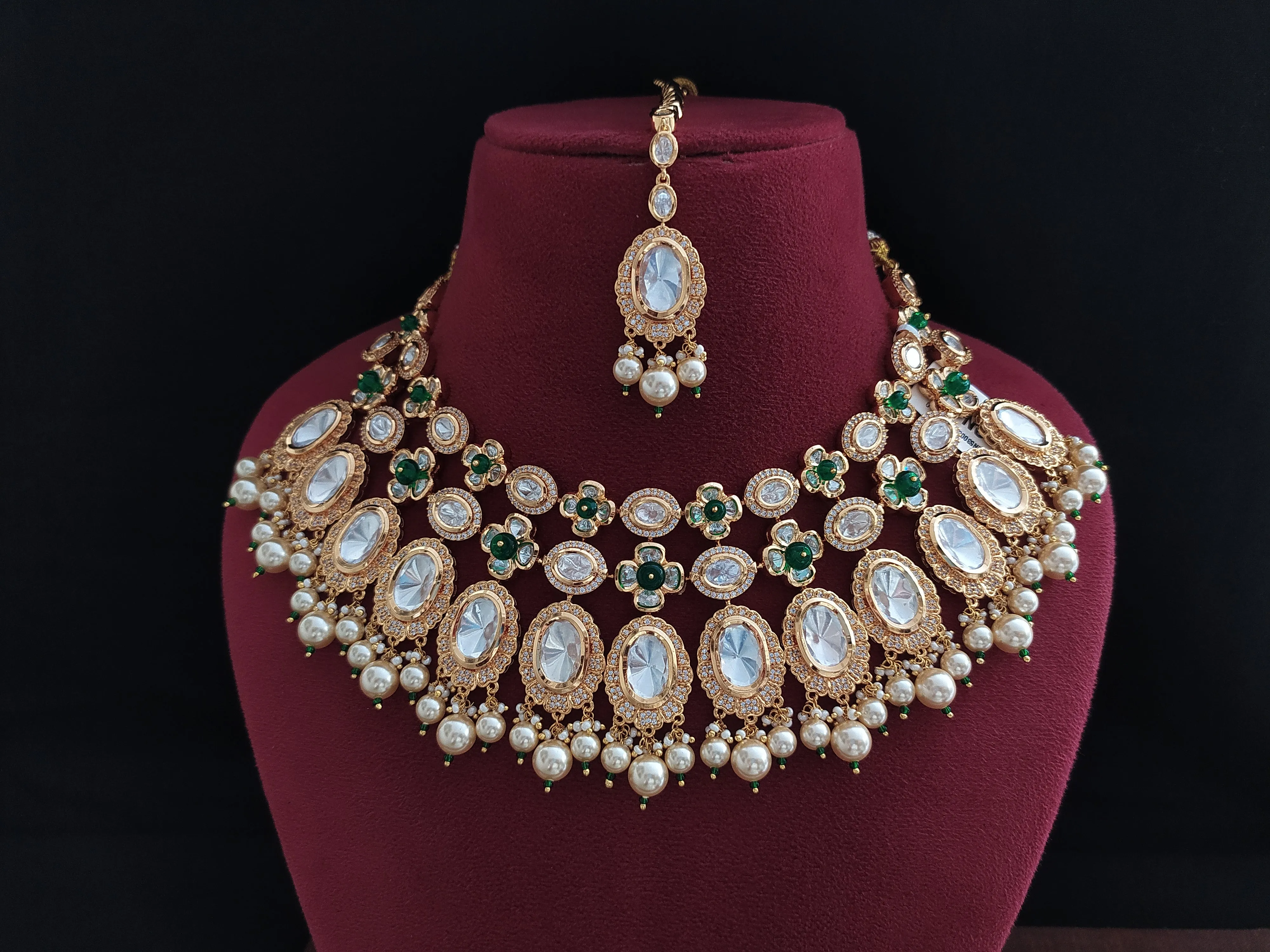 Polki Kundan Choker Necklace Set with Green Beads and Pearl Drops