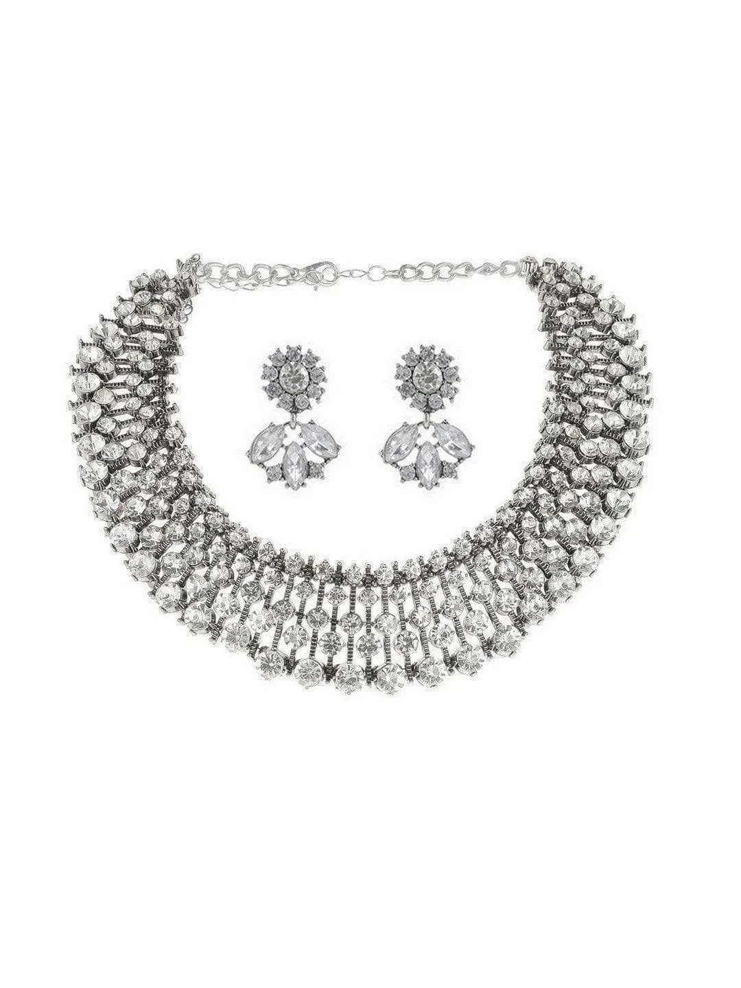 Pranwesha In Diamond Choker With Earrings Silver