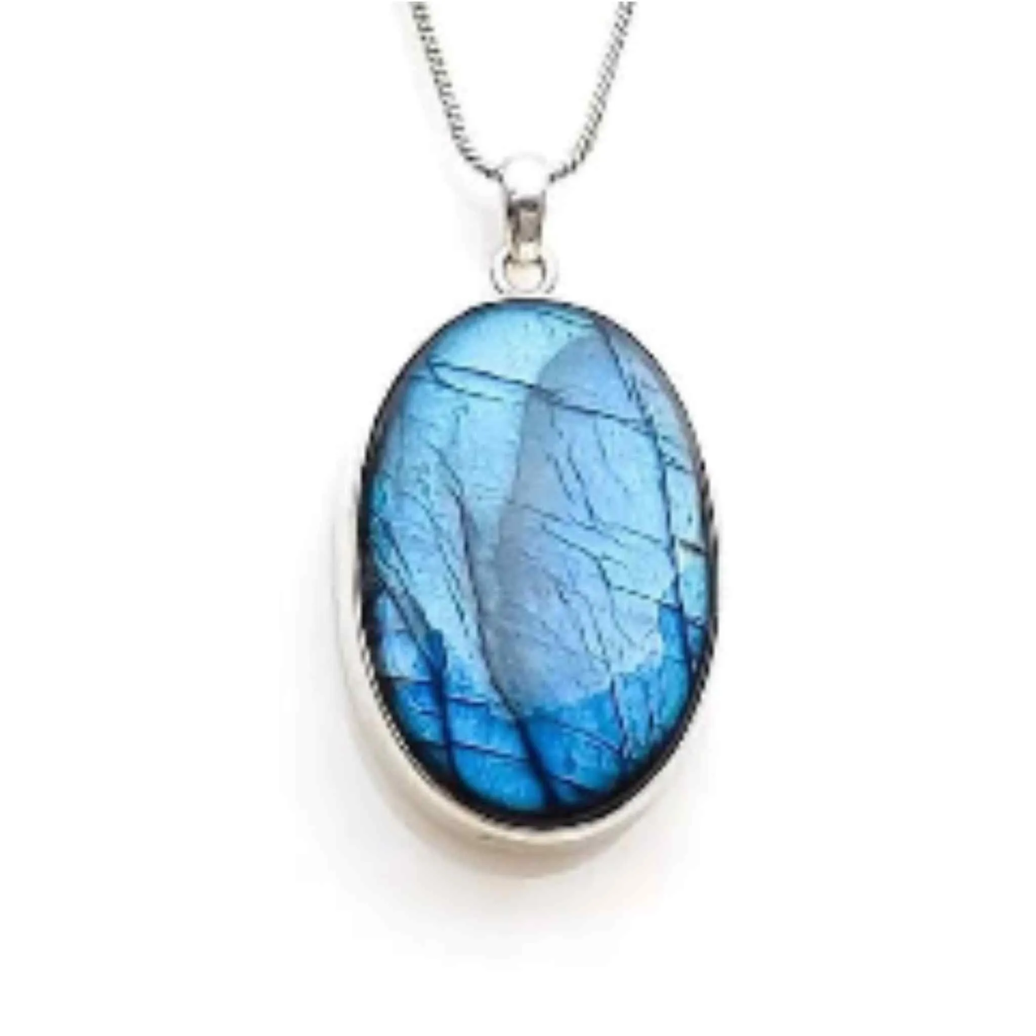 Premium Quality Deep Blue and Aqua Flash Oval Labradorite Sterling Silver Pendant Necklace