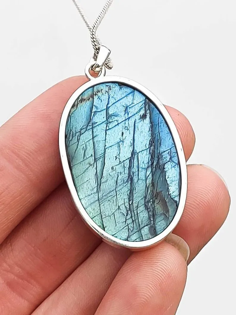 Premium Quality Deep Blue and Aqua Flash Oval Labradorite Sterling Silver Pendant Necklace