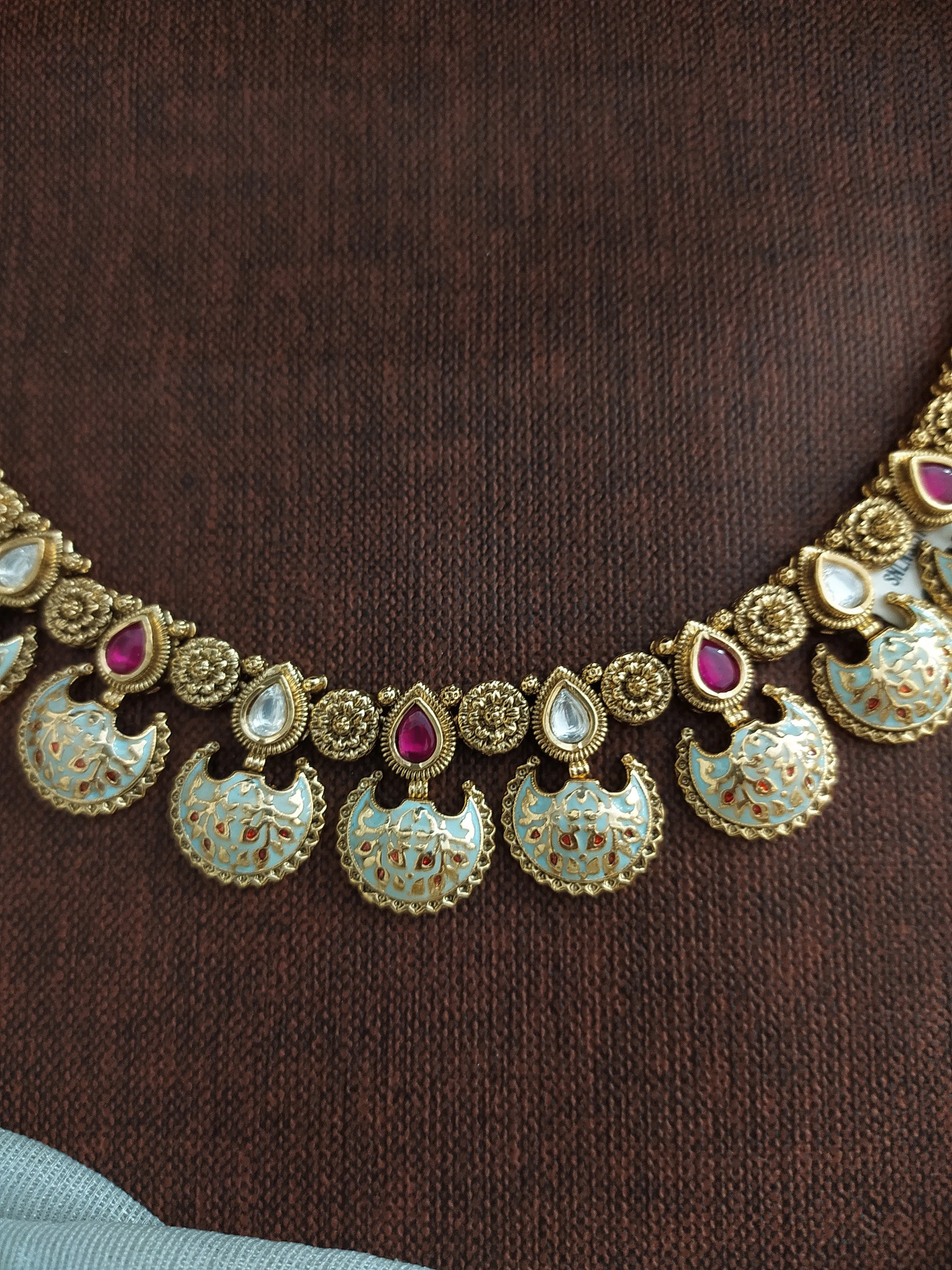 "Kundan Meenakari Floral Necklace with Chandbali Earrings in Pastel Ivory & Mint"