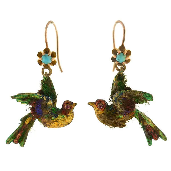 Rare Victorian 15kt Enamel & Genuine Feather Bird Earrings