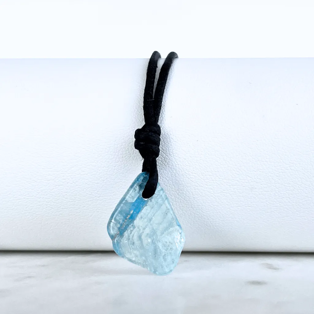 Raw Small Aquamarine OOAK Gemstone Pendant Cord Necklace - Luck Strings