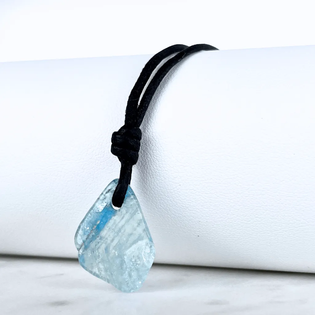 Raw Small Aquamarine OOAK Gemstone Pendant Cord Necklace - Luck Strings