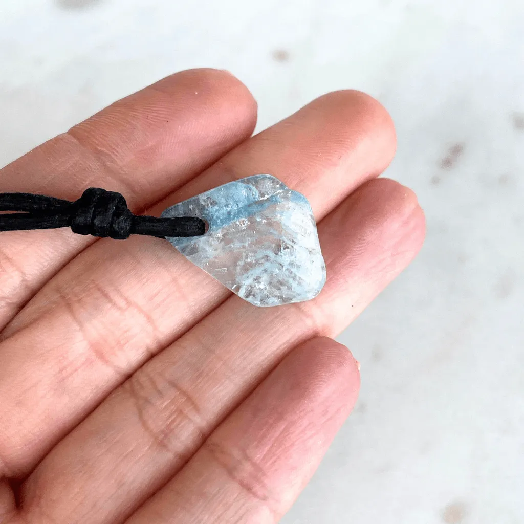 Raw Small Aquamarine OOAK Gemstone Pendant Cord Necklace - Luck Strings