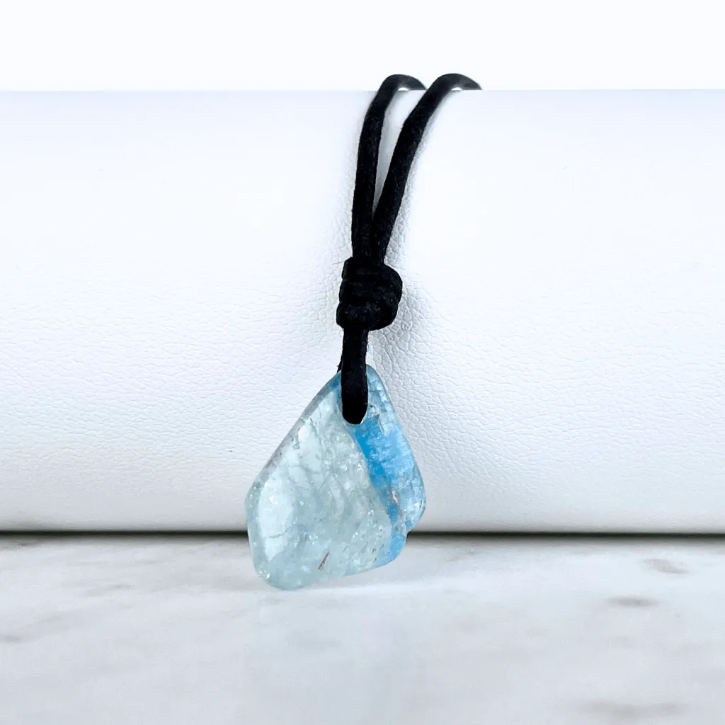 Raw Small Aquamarine OOAK Gemstone Pendant Cord Necklace - Luck Strings