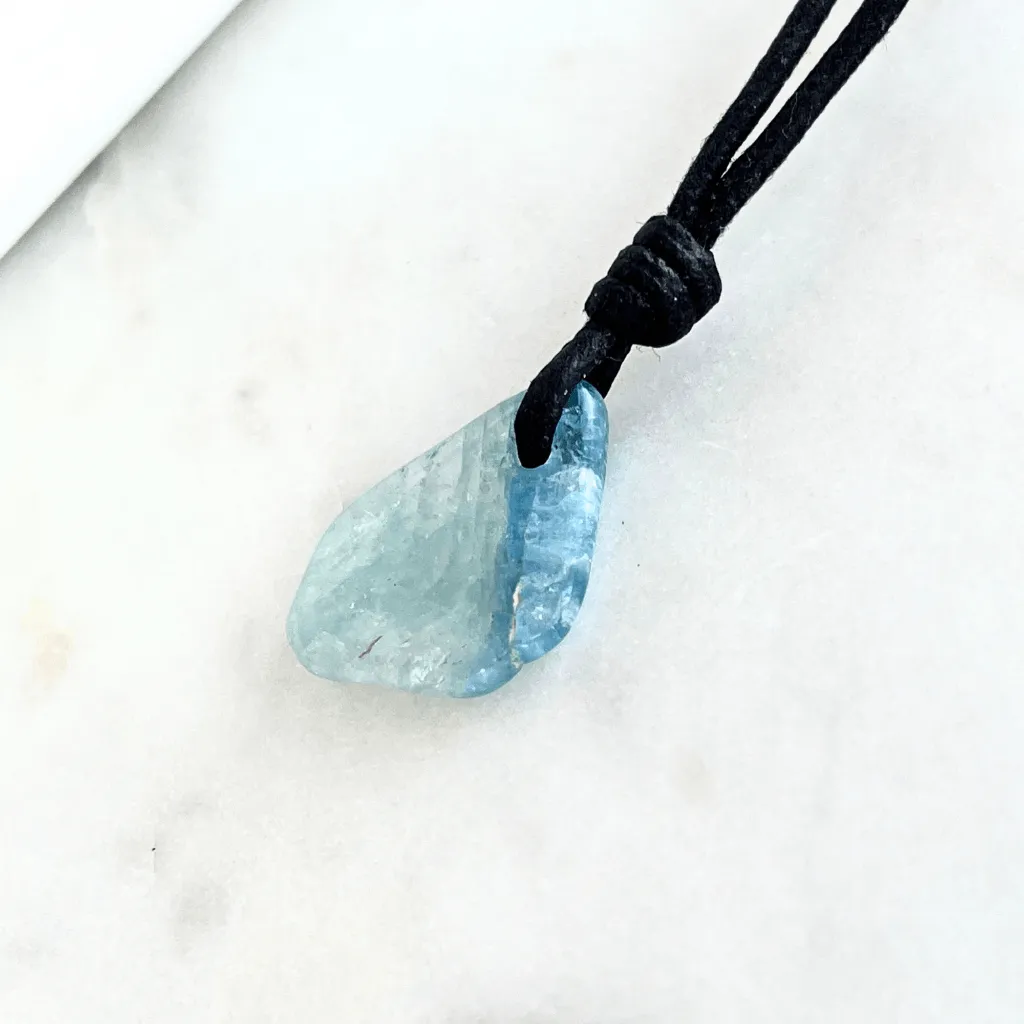 Raw Small Aquamarine OOAK Gemstone Pendant Cord Necklace - Luck Strings