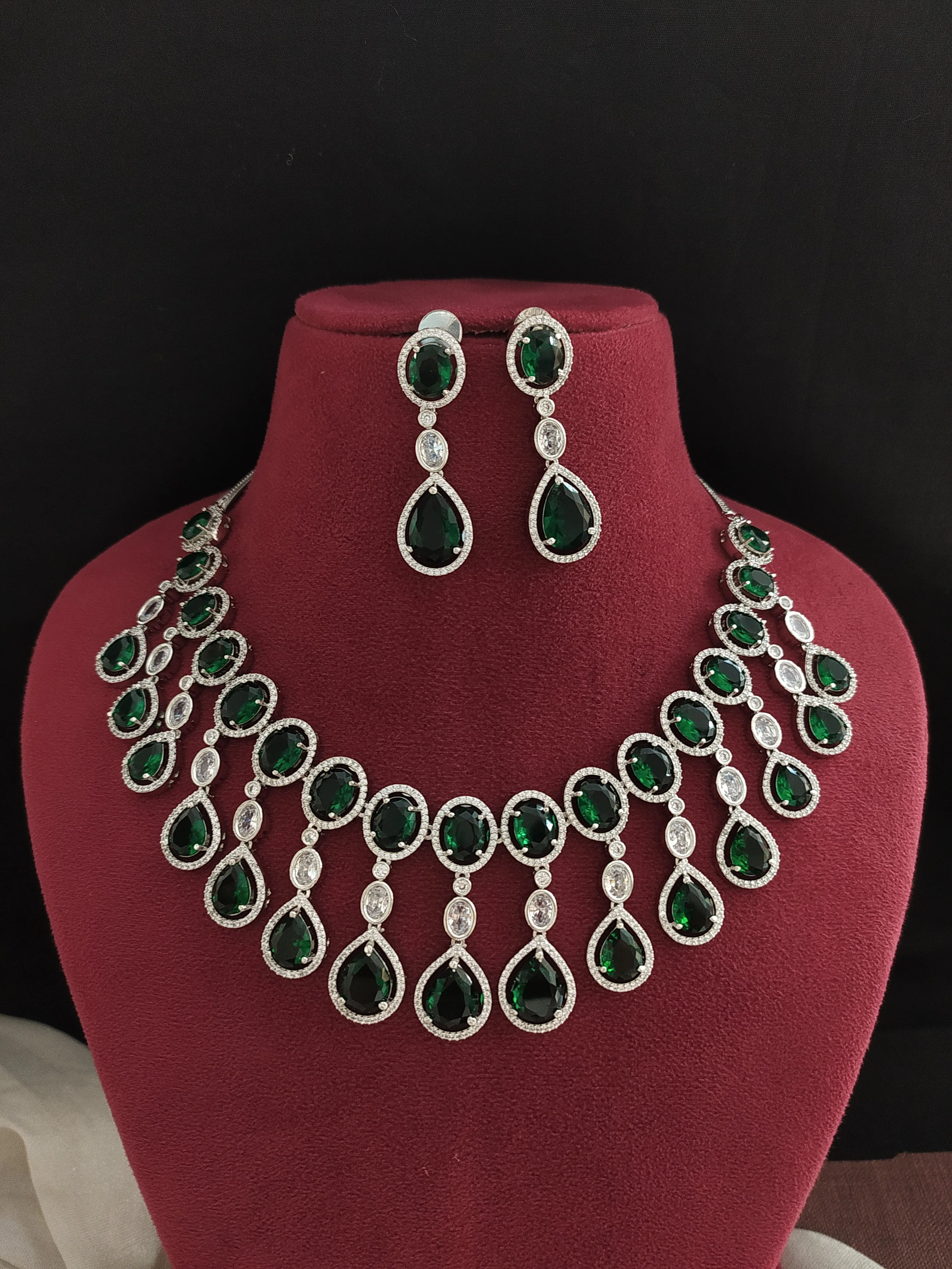 Rhodium Finish Zircon Necklace Set in Green and Ruby