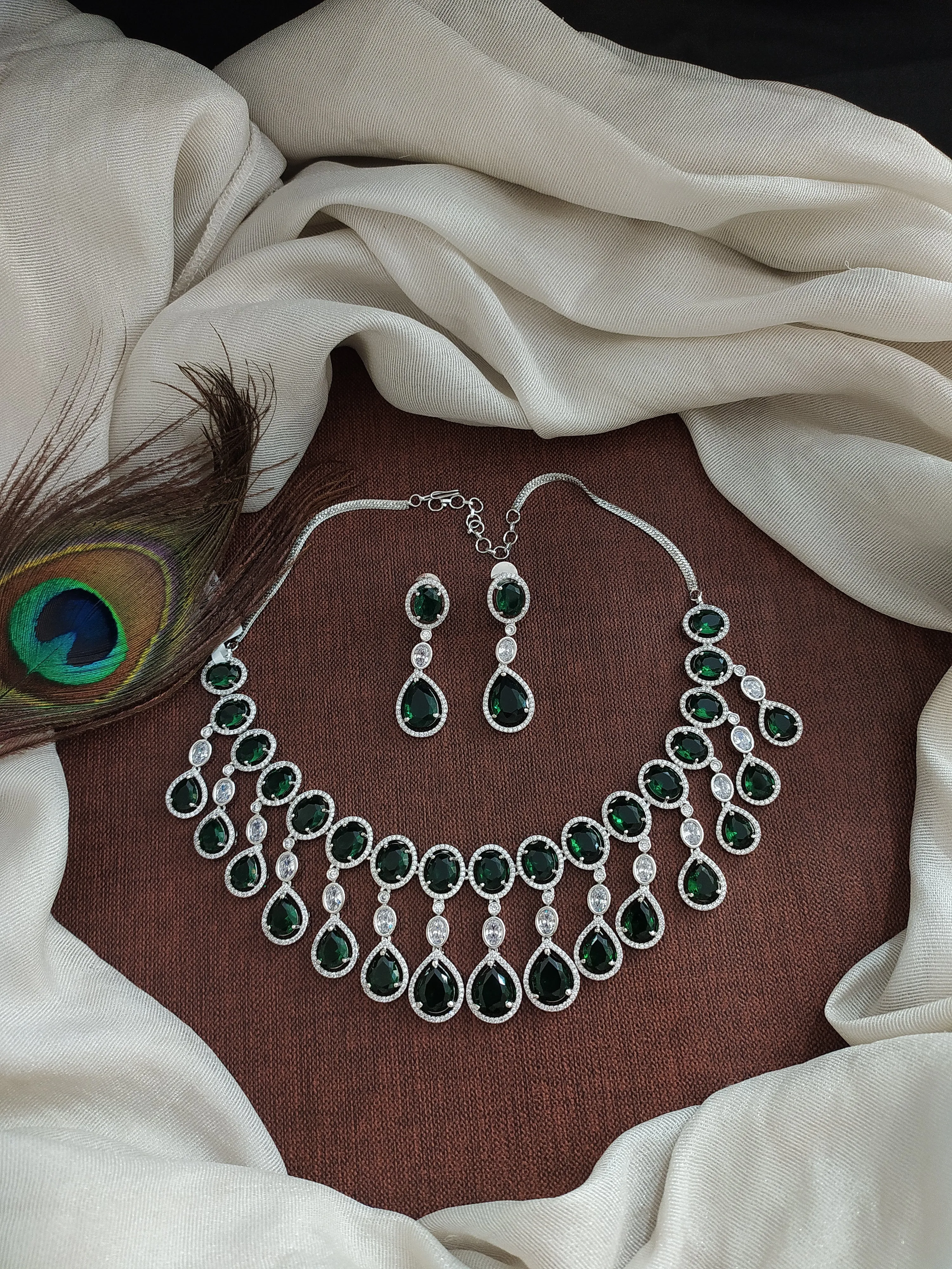 Rhodium Finish Zircon Necklace Set in Green and Ruby