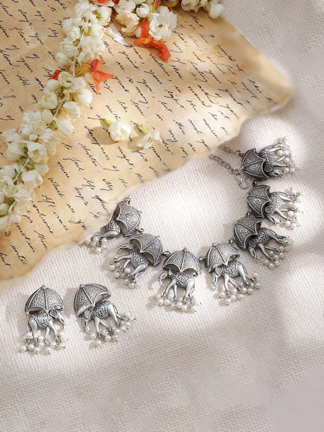 Rubans Oxidized Silver -Plated Pearls Beaded Elephant Shape Traditional Jewelry Set