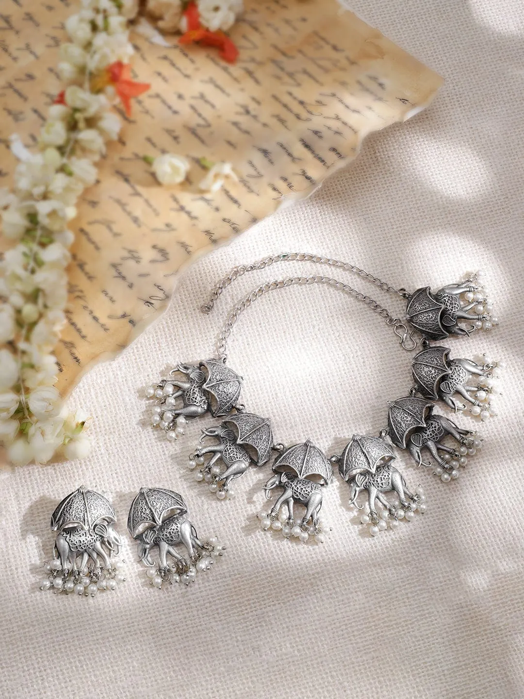 Rubans Oxidized Silver -Plated Pearls Beaded Elephant Shape Traditional Jewelry Set