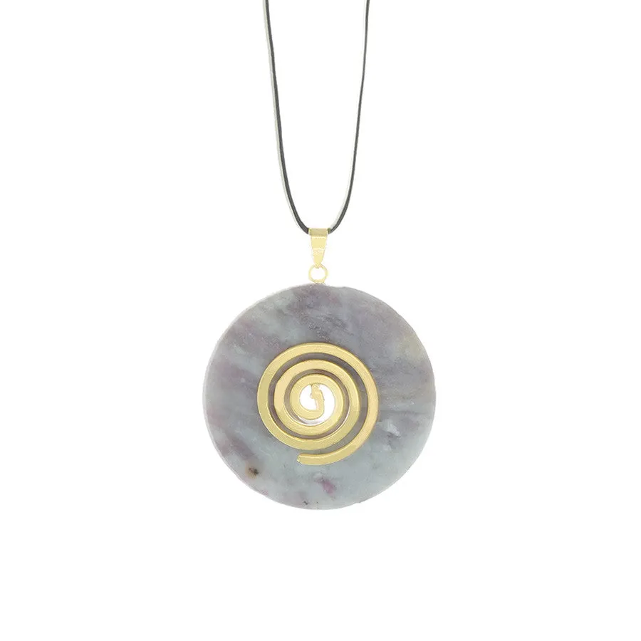 Ruby Calcite Donut Pendant Necklace with Spiral Bail & Hung on an adjustable leather cord