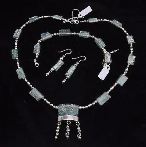 Set Of Roman Glass Bracelet, Earrings & Necklace Sterling Silver 925