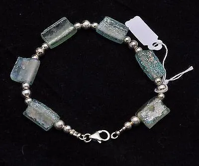 Set Of Roman Glass Bracelet, Earrings & Necklace Sterling Silver 925